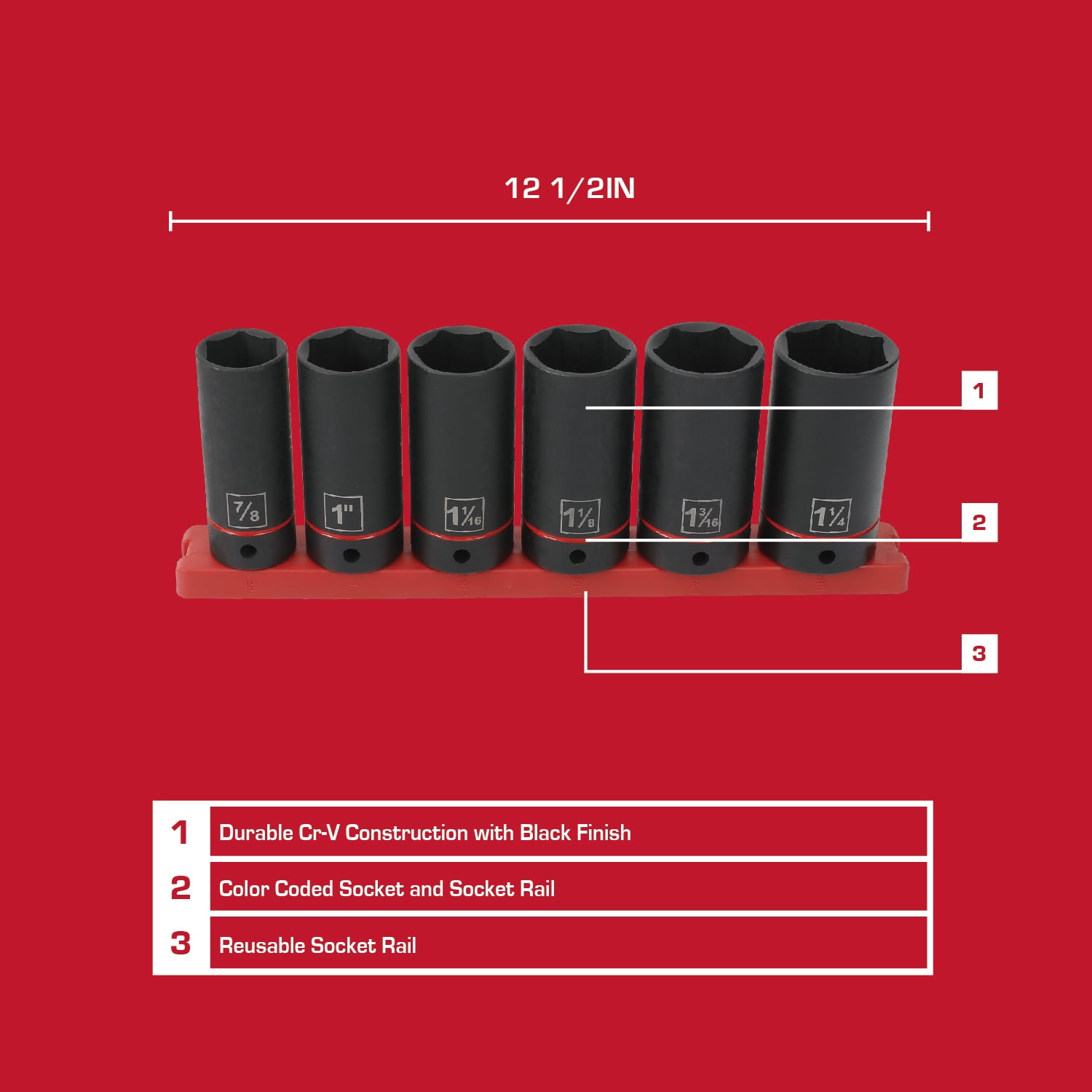 Hyper Tough 1/2-Inch Drive Large Impact Deep Socket Set, SAE, 7 Pieces