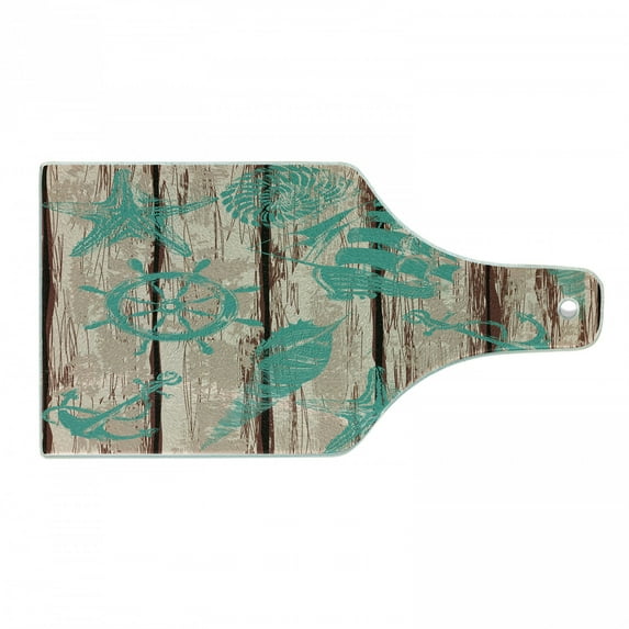 Nautical Cutting Board, Marine Themed Composition with Ship Wheel Anchor Shells and Starfish, Decorative Tempered Glass Cutting and Serving Board, in 3 Sizes, by Ambesonne