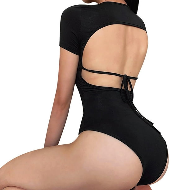 Women Solid Fashion Backless O-neck Sexy Fitness Short Sleeve Bodysuit