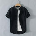 thumbnail image 2 of Arnsht (M-5XL) Big and Tall Men's Cotton Linen Short Sleeve Shirts Casual Button Down Banded Collar Shirt Beach Summer Tops Black XXXXXL, 2 of 6