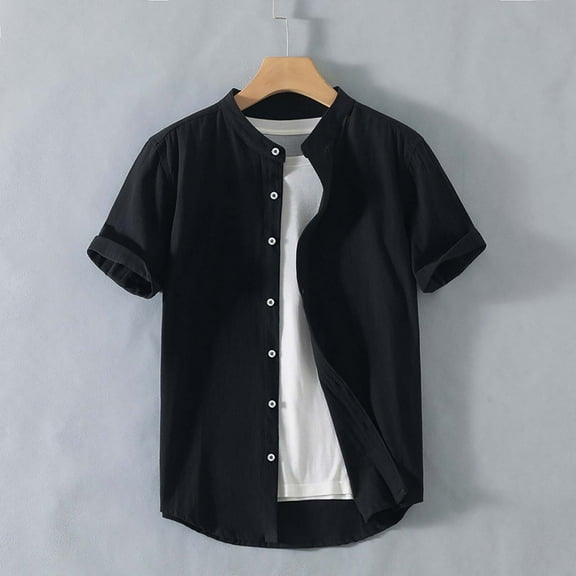 T-shirts for Men Plus Size under $5 Short Sleeve Cotton Linen Stand Collar Button Down Shirts Blouse Jacket Black XXXL