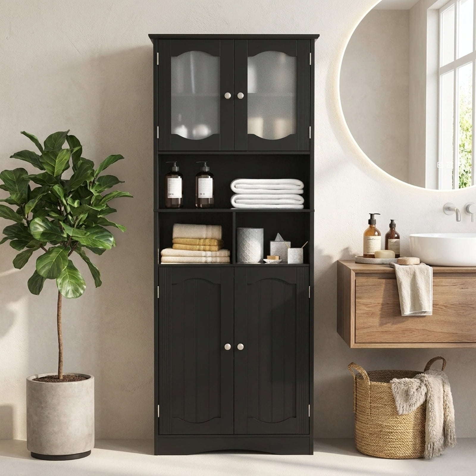 Vebreda Freestanding Bathroom Storage Cabinet, 58.5 Inch Freestanding Linen Bathroom Storage Cabinet with Frost Glass Doors, 2 Adjustable Shelves
