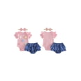 thumbnail image 2 of Loicainy Baby Toddler Girl Summer Outfit 3 6 9 12 18 Months Crochet Floral Short Sleeve Romper Faux Denim Ruffle Shorts Matching Bow Headband, 2 of 9