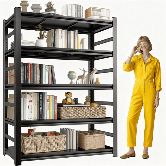 Metal BookShelf, 72'‘H x 48"W Industrial Bookshelves, Heavy Duty Storage Shelf for Books, Adjustable Standing Book Shelf for Living Room, Bedroom, Office, Library, Tool-Free Assembly, Black(5-Tier)