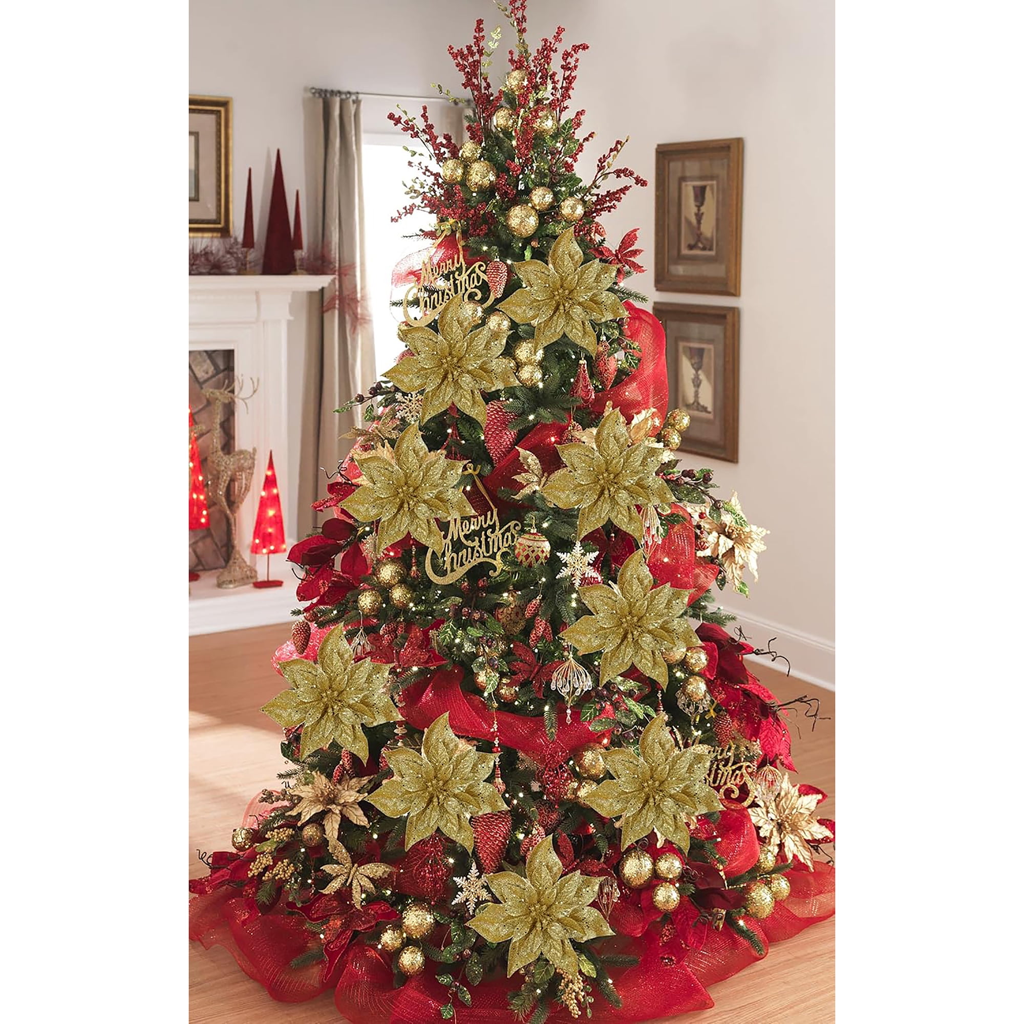 Briful 9'' Christmas Poinsettia Flowers 8PCS Glitter Artificial Flowers Large Christmas Ornament Flowers for Xmas Tree Wreath Garland Decoration Gold
