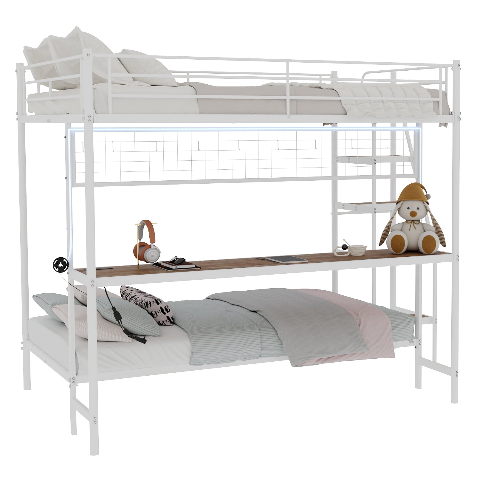 Mintazer Twin Over Twin Metal Bunk Bed with Desk, LED Light & Power Outlet, Bunk Bed Frame with Guardrails and Ladder for Kids Teens Bedroom Dorm Apartment, White