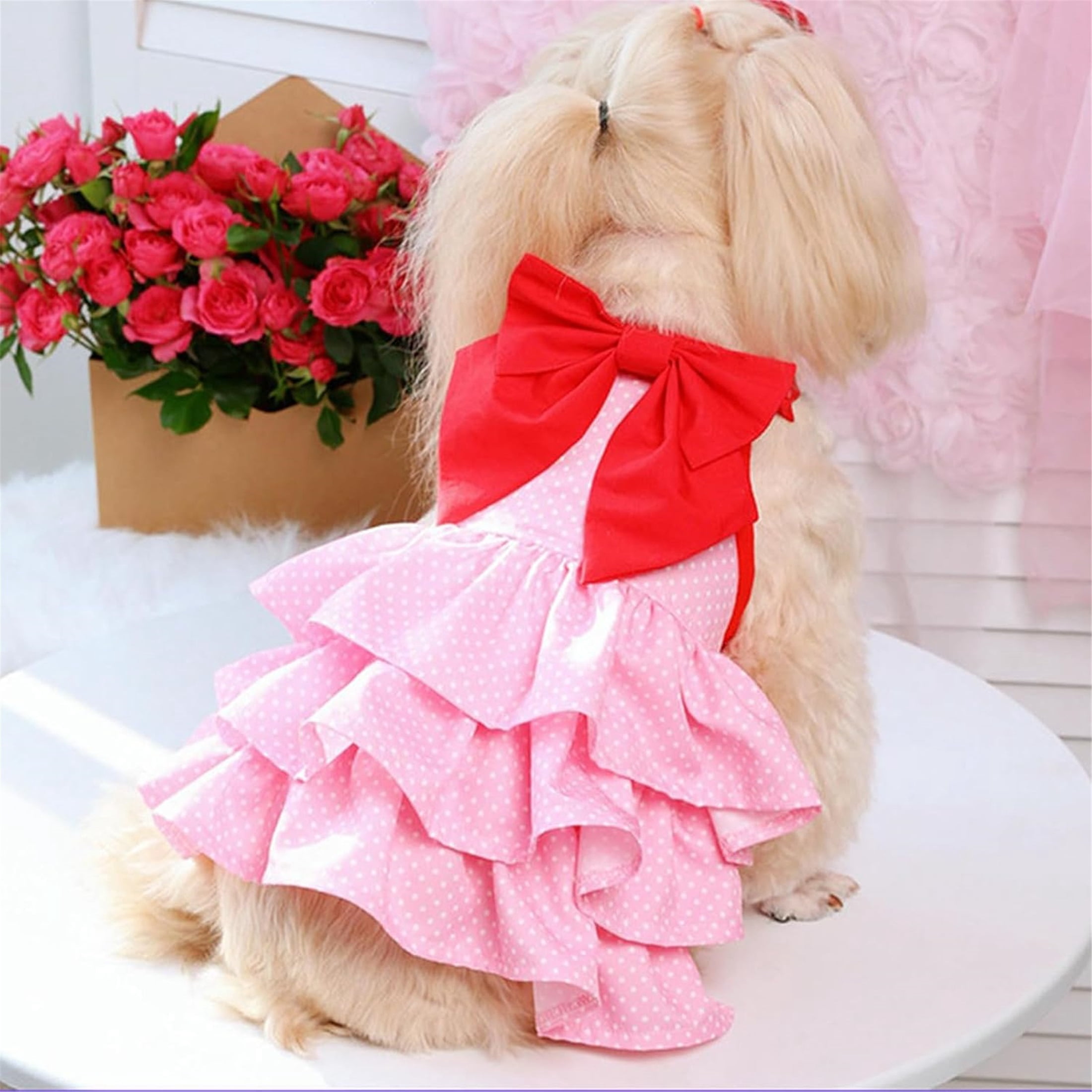 HQREA Pink Dog Dress for Small Dogs Summer Clothes Bow Knot Girl Puppy Princess Tutu Dress Cake Skirt Apparel for Valentines