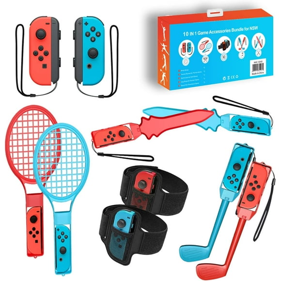 Arvytosty Switch Accessories Bundle Compatible with Nintendo Switch,10 in 1 Kit for Switch/Switch OLED,Wrist Straps,Tennis Rackets,Golf Club,Leg Straps,Sword Controller