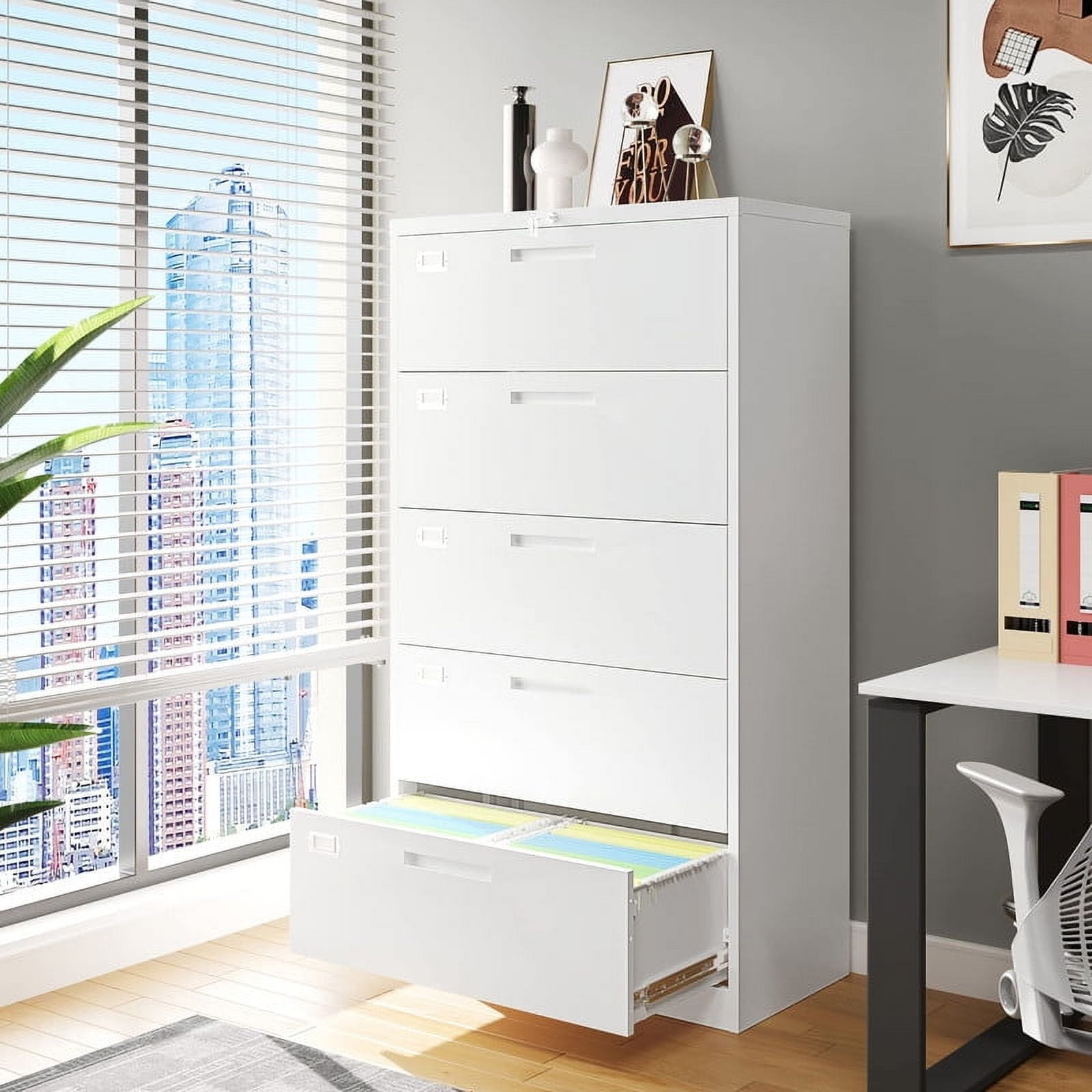 MIIIKO 5 Drawer File Cabinet with Lock, 5 Drawer Metal Filing Cabinet, Lateral Filing Cabinet with Lock for Home Office, Lockable Storage Cabinet for Hanging Files Letter/Legal/F4/A4 Size