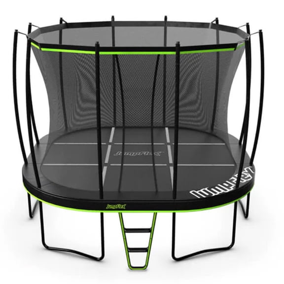 JumpFlex 14' Trampoline MEGA Outdoor Playset with Net and Ladder, Green/Black