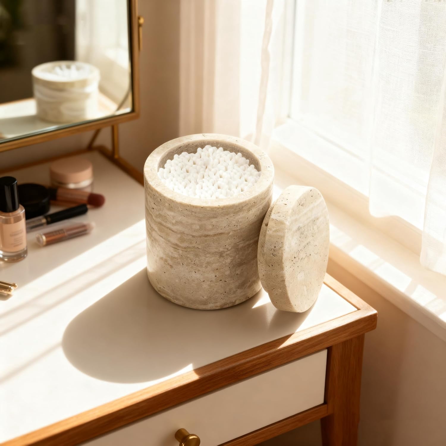 Natural Marble Canister, Cotton Swab Holder with Lid, Marble Toothbrush Holder Qtip Holder Storage for Cotton Swab, Floss Picks, Makeup Pad, Bath Salt, Beige