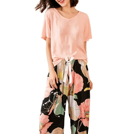 

Women Contrast Color 2Pcs Pajamas Set Short Sleeve Pullover Loose Tops Floral Print Bowknot Long Pants Lounge Sleepwear