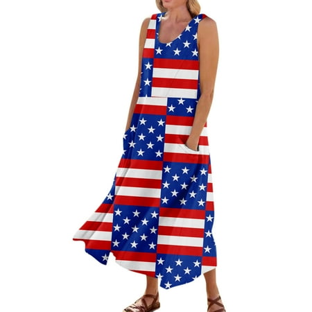 DBAIXID Independence Day Womens Dress Sleeveless Red White and Blue Plus Size V-Neck Summer Dresses USA American Flag Red  White & Bold Comfy Swing Maxi Dress with Pockets Blue XL