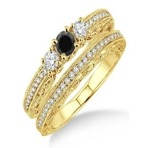 2 Carat Black Diamond Antique Milgrain Bridal set on 10k Yellow Gold