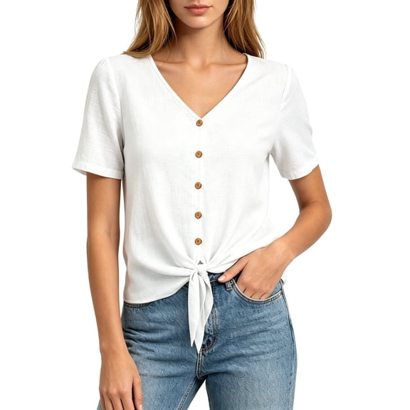 Dlentnea Womens Summer Tops V Neck Tie Front Button down Shirts Loose Casual Tunic Blouses Business Shirt