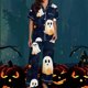 thumbnail image 3 of Pijama de manga corta con cuello vuelto para mujer, con bolsillos y estampado de Halloween, cintura elástica, de poliéster, 3 of 5