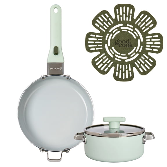 GoodCook 8in Frypan & 1qt Sauce Pan Ceramic Nonstick Cookware Set with 1 Removable Handle, 5pc - Sage Green