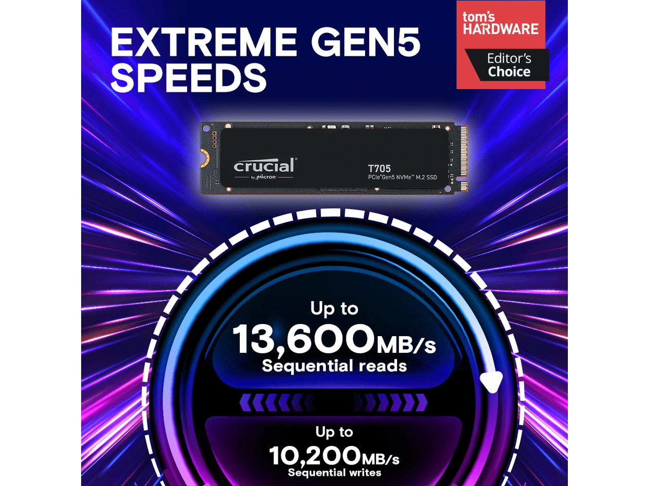Crucial T705 1 TB Solid State Drive - M.2 2280 Internal - PCI Express NVMe (PCI Express NVMe 5.0 x4) - Desktop PC Device Supported - 600 TB TBW - 13600 MB/s Maximum Read Transfer Rate