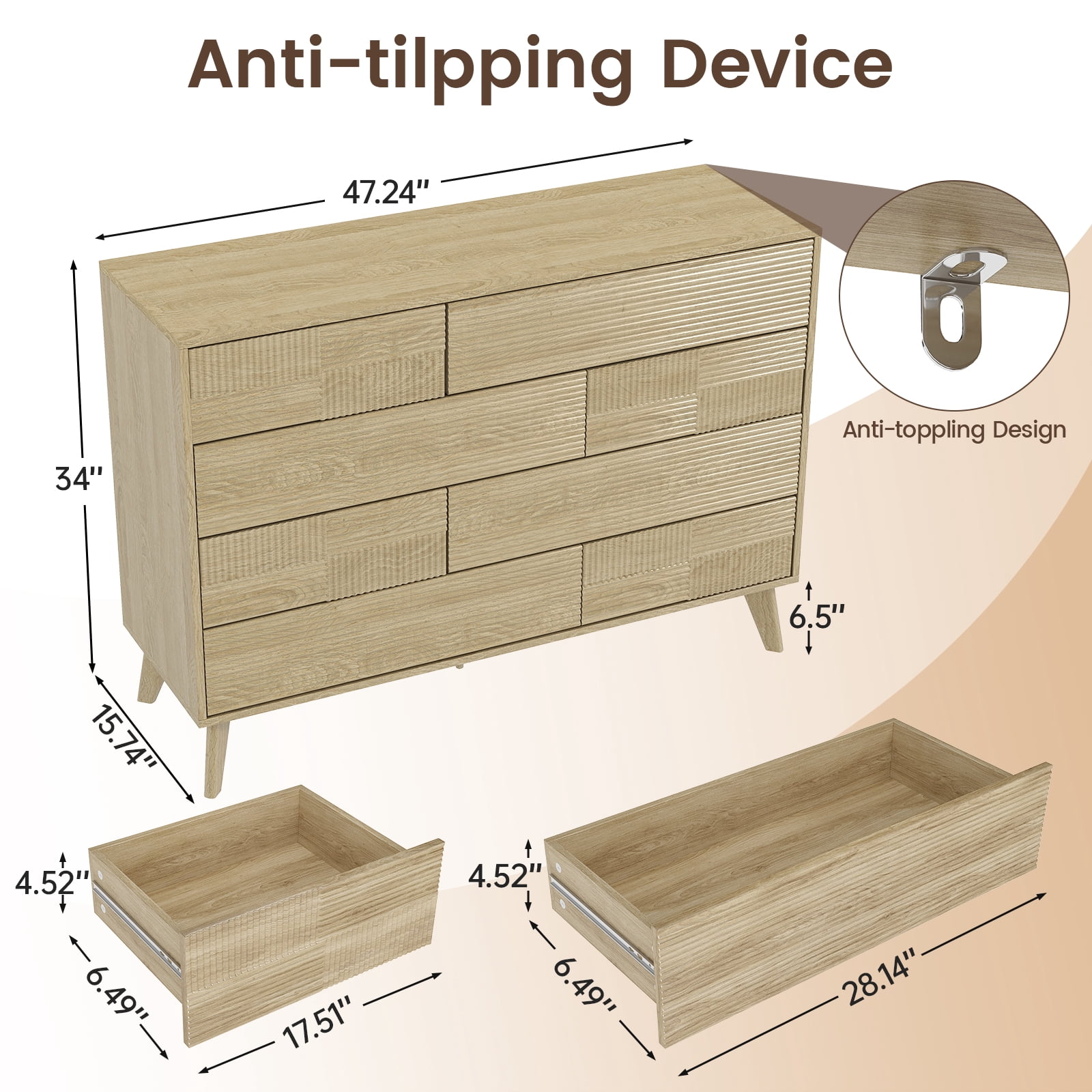 Danpinera Home 8-Drawer Double Dresser for Bedroom, 34" Tall Wood Chest & TV Stand with Fluted Panels, Natural Oak