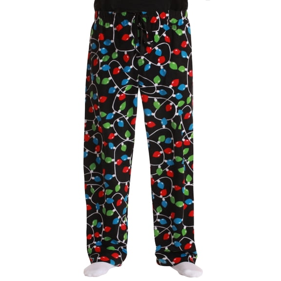 #followme Microfleece Mens Buffalo Plaid Pajama Pants with Pockets (Black - Christmas Lights, Large)