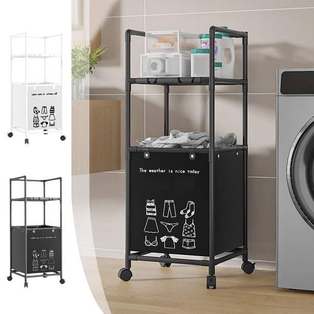Organizador de estanterías para el baño | Estante de acero inoxidable de 2 niveles en blanco | Cesta de la ropa con ruedas combinadas | Marco de hierro impermeable y fácil de limpiar | Compacto
