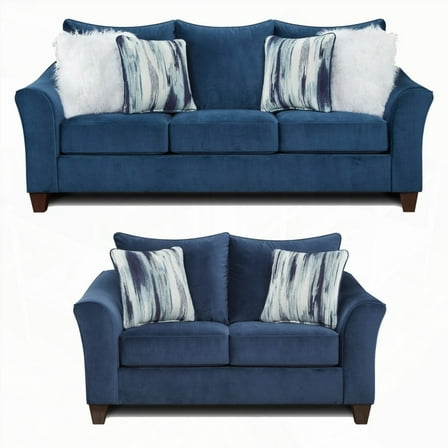 Modern Navy Blue Fabric 2-Piece Living Room Set with Sofa and Loveseat