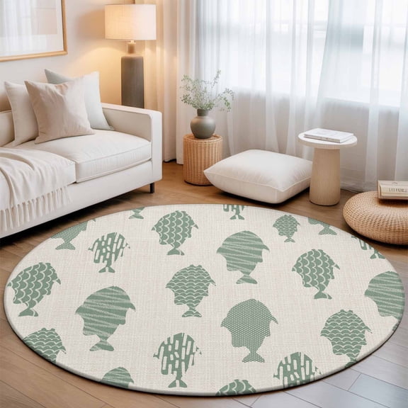 Round Area Rugs 3.3Ft, Abstract Art Fish Green Non-Slip Washable Circle Rugs Carpet, Coastal Ocean Summer Marine Life Indoor Outdoor Rug Floor Mats Throw Runner for Bedroom Living Room Bathroom