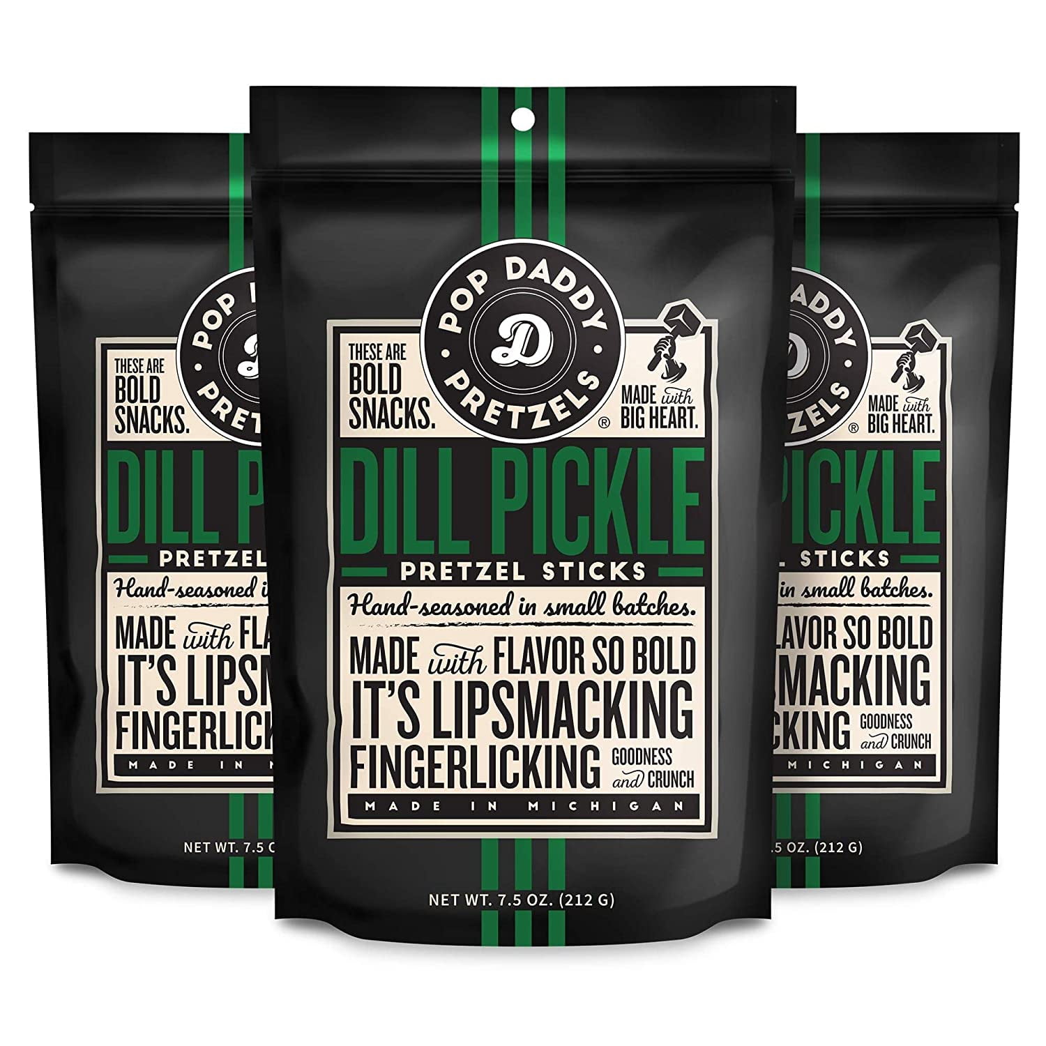 Pop Daddy Dill Pickle, 7.5oz Healthy Bold Gourmet Flavored Pretzel Sticks (3 Pack)