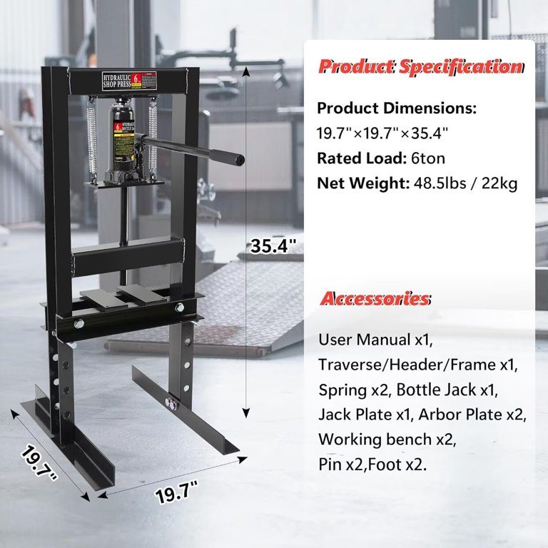 Garvee 6-Ton H-Frame Hydraulic Shop Press – Adjustable Height Floor/Bench Unit With Pressing Plates, Safety Valve & Spring Return