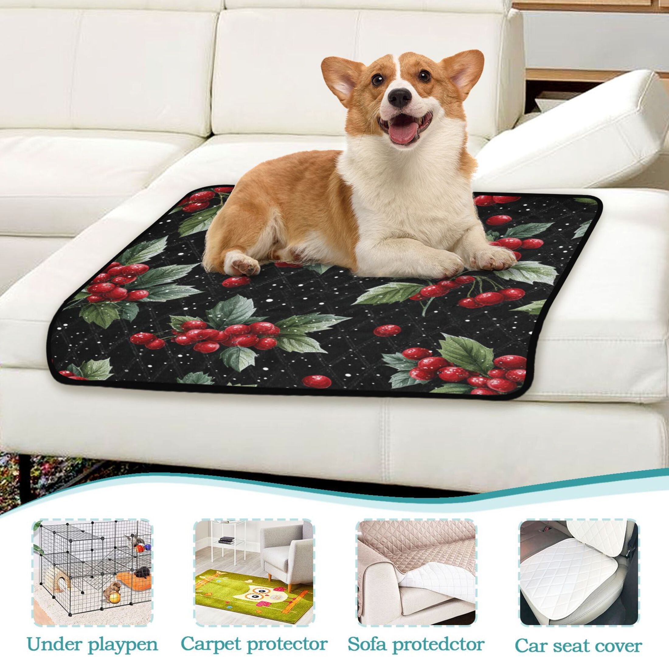 Washable Pet Pee Pads with Super Absorbent Reusable Training Pads for Dogs & Cats Red Holly Berries Pattern