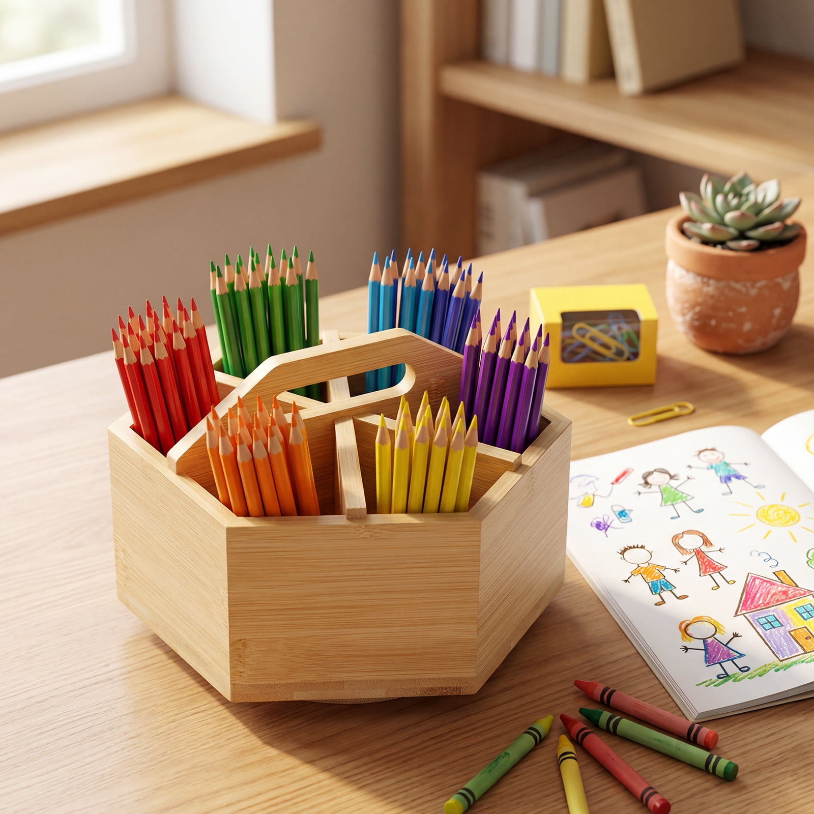 FYJUCPA Bamboo Rotating Pen Holder, Versatile Hexagon Desktop Pencil Organizer with 6 Compartments and Handle, Crayon Marker Holder for Pencil Pen and Paint Brush