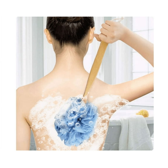 Shower Back Brush Scrubber - Bath Body Exfoliating Brush - Bath Body Brush Exfoliator Shower Back Brush with Wooden Long Handle Bath Shower Body Wash Puff for Women Men