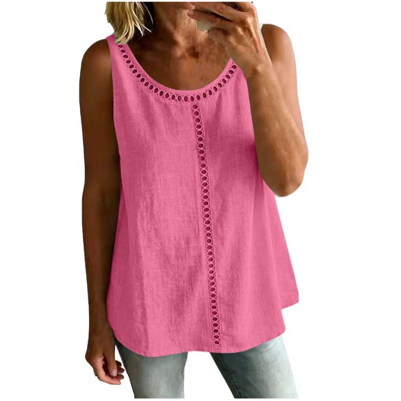 SPZTSX Tank Tops for Women Sleeveless Scoop Neck Eyelet Embroidered Cotton Linen Loose Fit Casual Daily Vacation Tops