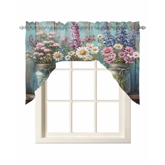 Lavender Daisy Kitchen Swag Valances for Windows, Vintage Purple Flower Bottle Plant Teal Swag Valances Curtains for Living Room, Rod Pocket Window Treatments for Bathroom, Bedroom, Cafe, 56"x36"