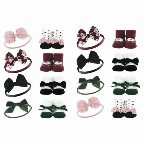 Hudson Baby Infant Girl 16Pc Headband and Socks Giftset, Burgundy Floral, One Size