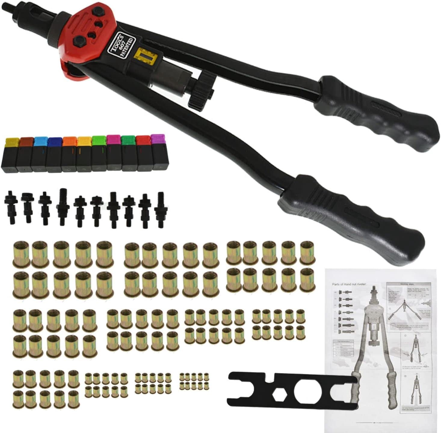 waltyotur 17 Inch Rivet Nut Tool, Rivet Nut Thread Setting Tool, Threaded Insert Manual Nutsert Tool Kit, with 11Pc Metric and Inch Mandrels and 110 Piece Rivet Nuts with Rugged Carrying Case