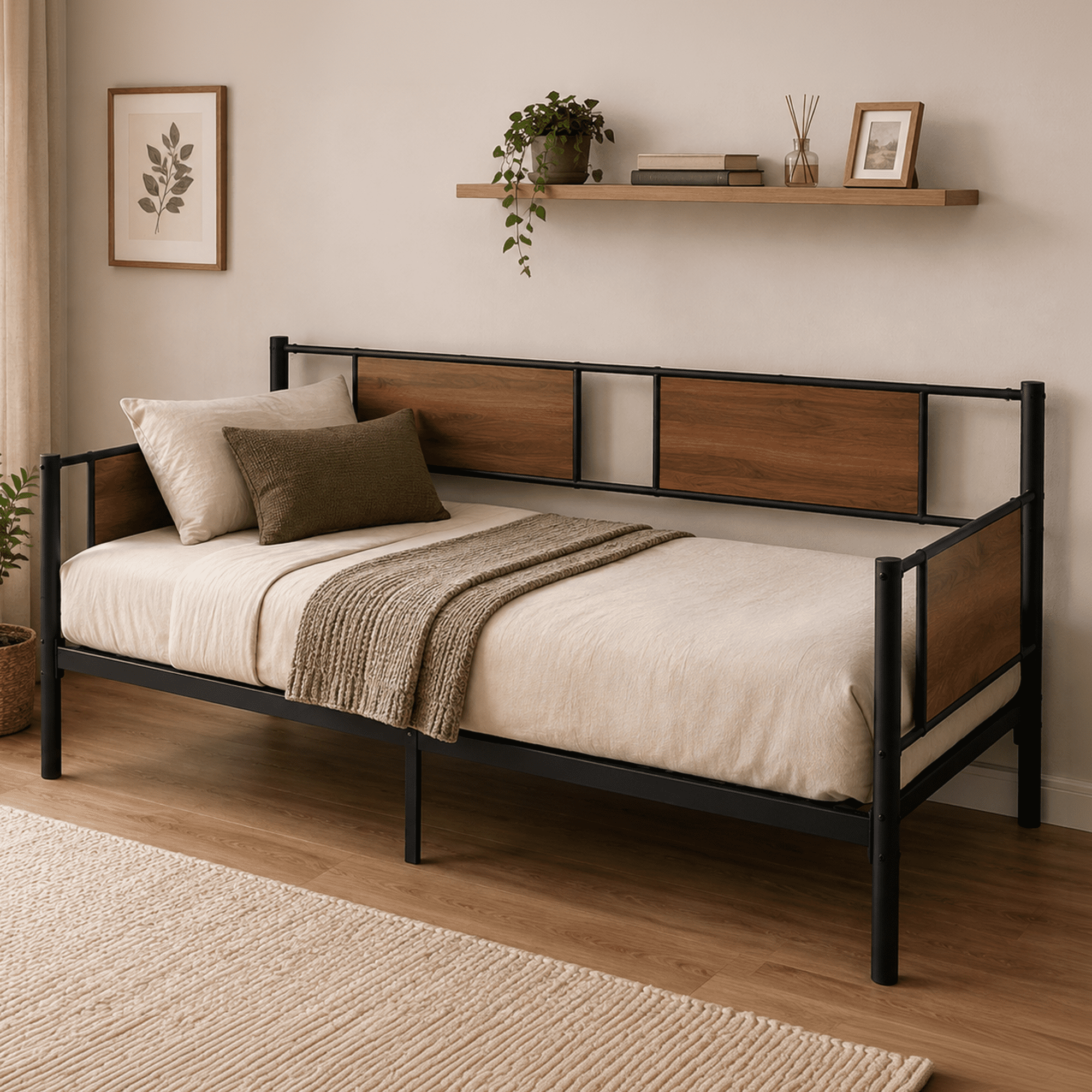 Cama Individual Utilia Sofá Cama Estilo Industrial, Estructura de Metal con Base de Soleras y Almacenaje, Café 200x100x80 cm