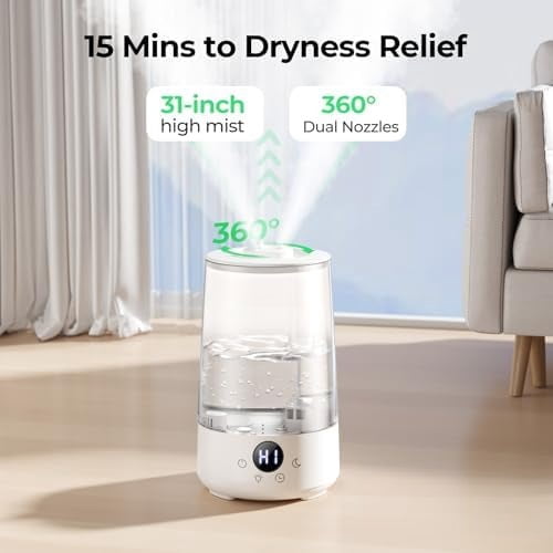 Humidifiers for Bedroom Home, 3.6 L Cool Mist Top-Fill 34H Super Long Time, Quiet 23dB, Baby Humidifier, Oil Diffuser for Large Room, House, Plant, Nursery, BPA FREE, Ultrasonic (Transparent)