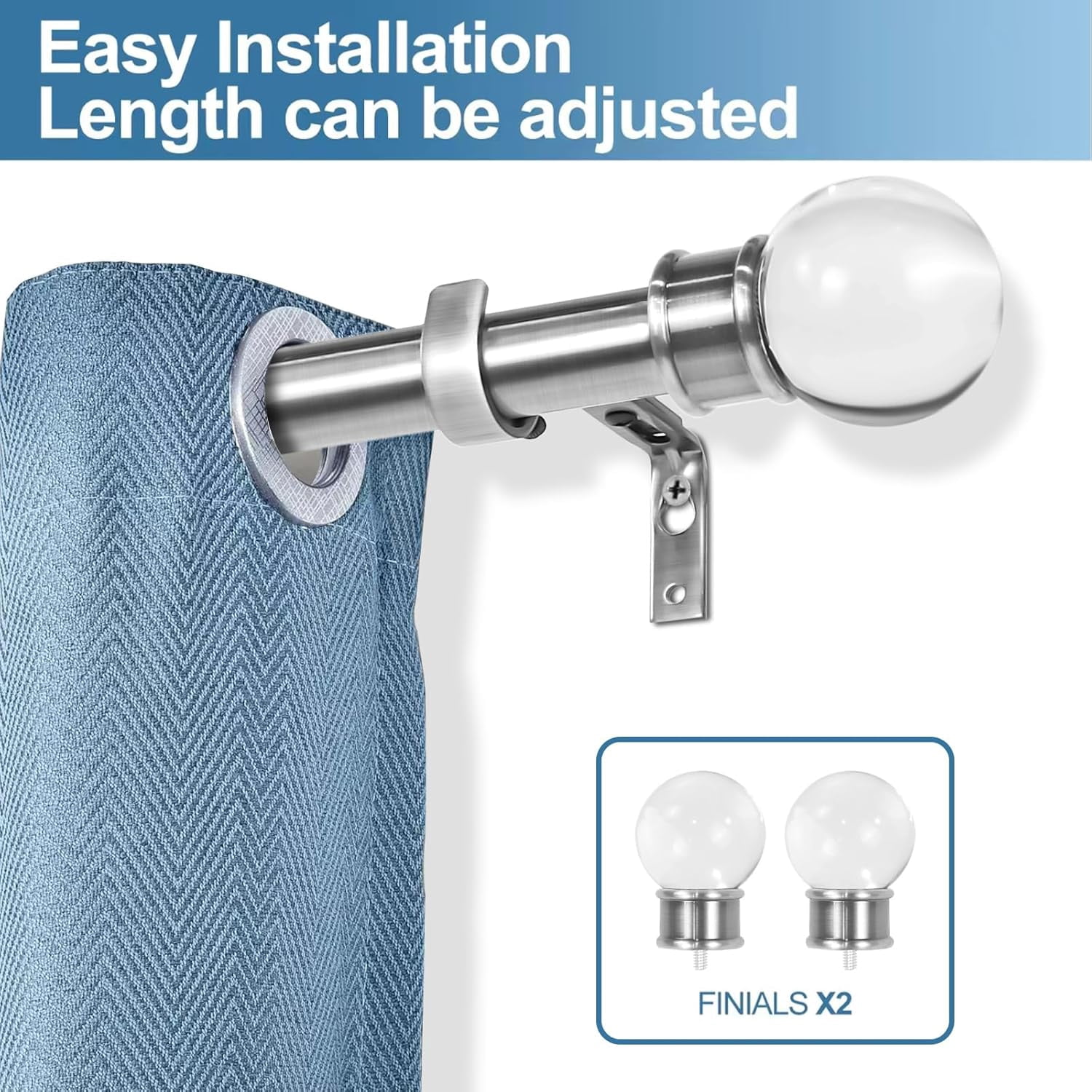 Urbanest Adjustable Single Curtain Rod Set Crystal Ball Finials – 1 -Inch Diameter, With Brushed Steel Rod, 28–48 Inches