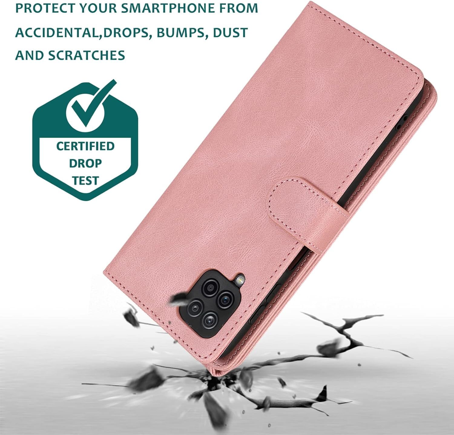 Compatible with Samsung Galaxy A12/M12 Wallet Case Tempered Glass Screen Protector Zipper Leather Flip Cover Card Holder Cell Phone Cases for Glaxay A 12 5G Gaxaly A-12 S12 12A 4G Women Rose Gold