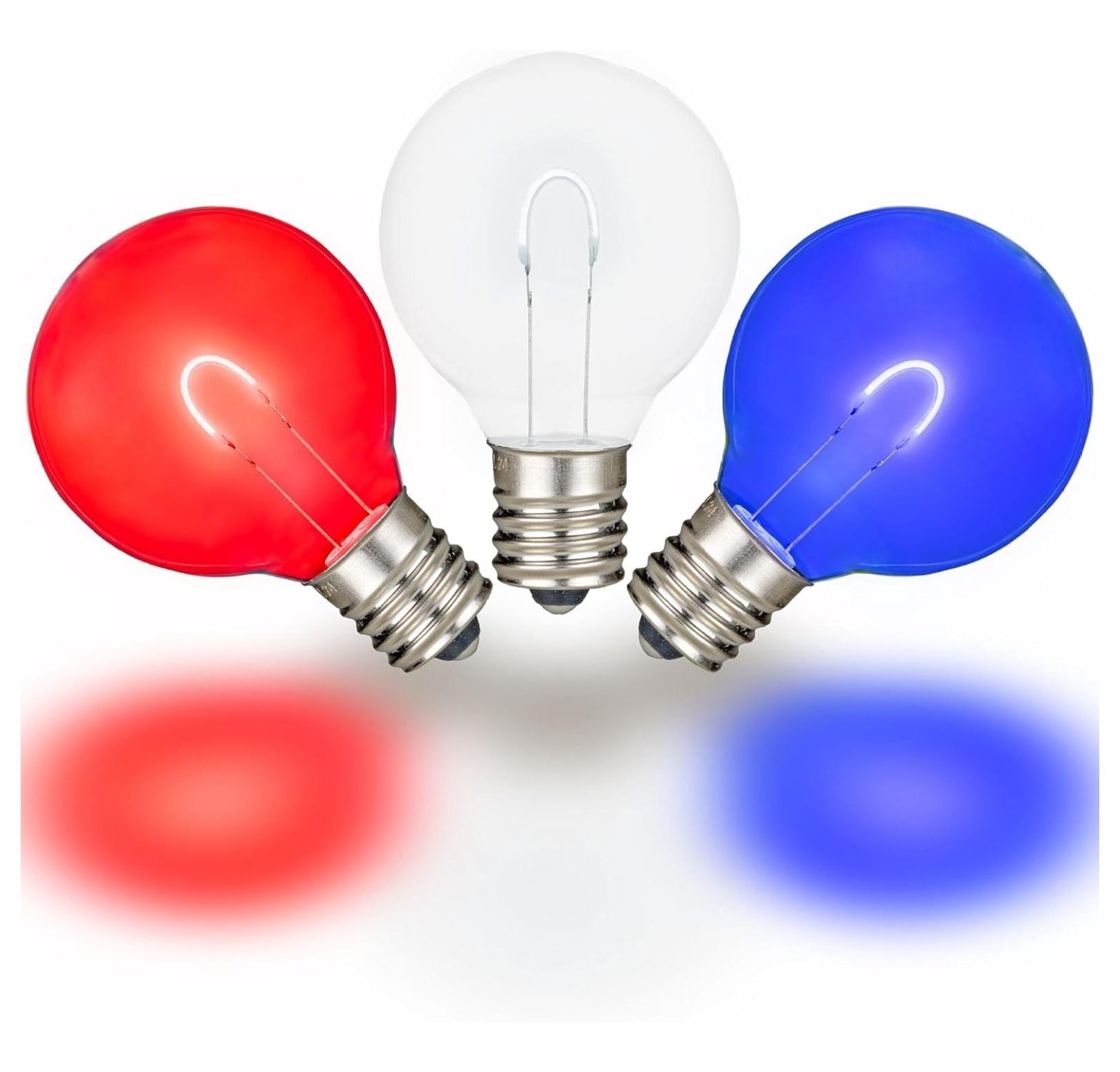 25 Pack G40 LED Glass Flex Filament Outdoor Patio Globe Replacement Bulbs, Red/White/Blue, Dimmable, E12/C7 Base, 0.8 Watt