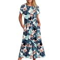 thumbnail image 2 of Penkiiy Women's Round Neck Short Sleeved Mid Calf Double Pocket Floral Print Dress Short Sleeved Round Neck Dress 2XL Navy, 2 of 5