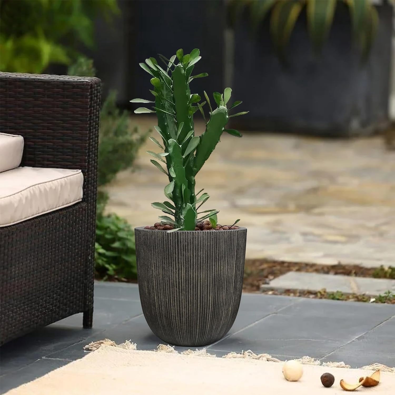 Vintage Black Faux Cement Ribbed Planter, 12.4"H Tall Tapered Egg-Shaped Plastic Plant Pot with Drainage Hole & Plug, Large Modern Indoor Outdoor Flower Pot for Home, Garden, Patio and Houseplants