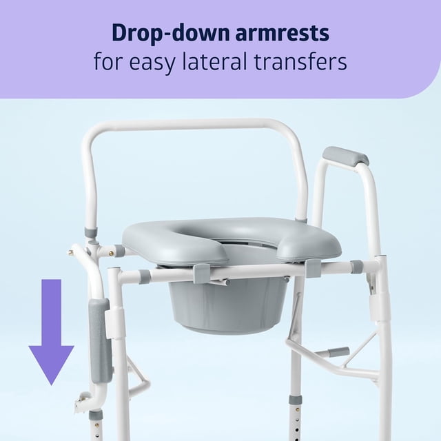 Chaise de Commode à Bras Rabattables pour Adultes et Aînés; Siège Rembourré; Seau Amovible; Pare-Éclaboussures; Bras Rabattables; Capacité de Poids de 350 lb