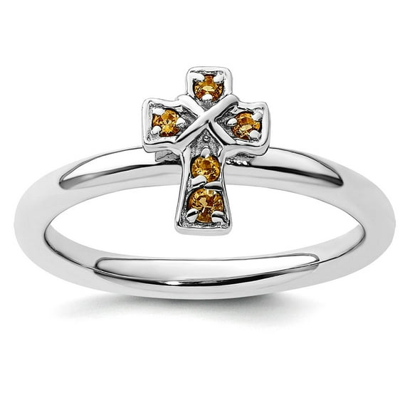 2.25mm 925 Sterling Silver Stackable Rhodium Citrine Religious Faith Cross Ring Size 7 Stackable Ring for Women