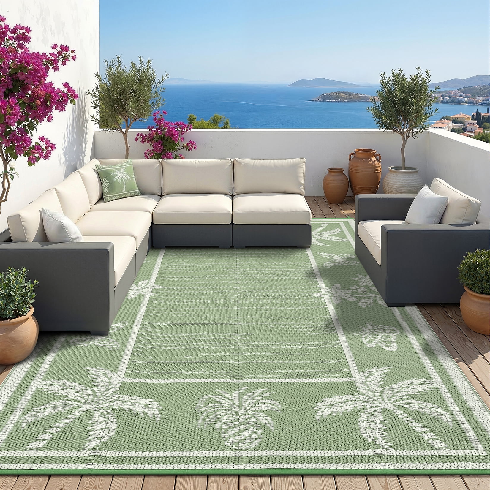 FairOnly 9'x12'Modern Tropical Floral Outdoor Rug Waterproof Reversible & Portable for Patio Poolside & Beach RV,Grey Green