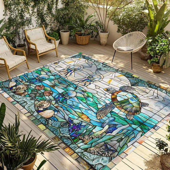 Fsddascl Stained Glass Sea Turtle Outdoor Rug for Patio/Deck/Porch, Non-Slip Large Area Rug 4 x 6 Ft, Summer Coastal Ocean Jellyfish Indoor Outdoor Rugs Washable Area Rugs, Camping Rug Carpet