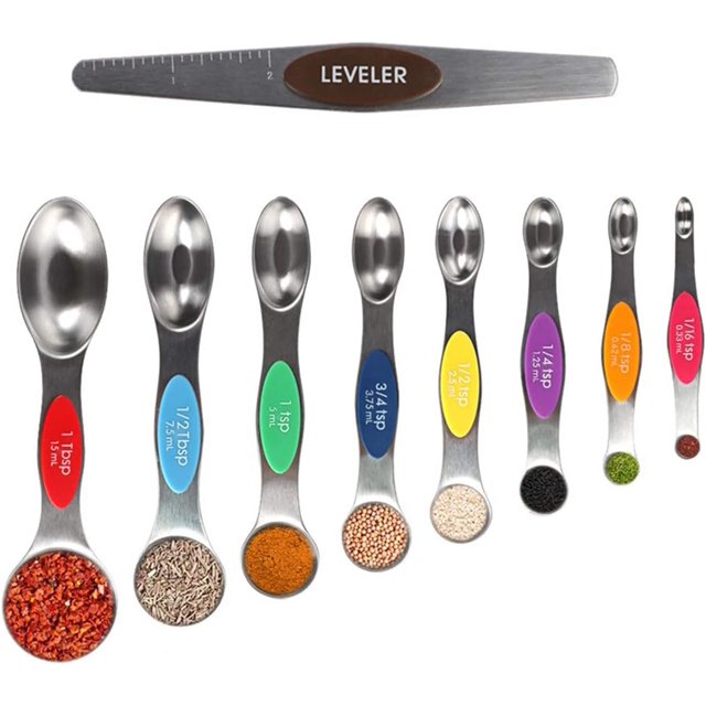 Magnetic Measuring Spoons Sets of 9, Dual Sided Stainless Steel Stackable Teaspoon Tablespoon with Colorful Scale and Leveler, Fits in Spice Jars for Measuring Dry and Liquid Ingredients
