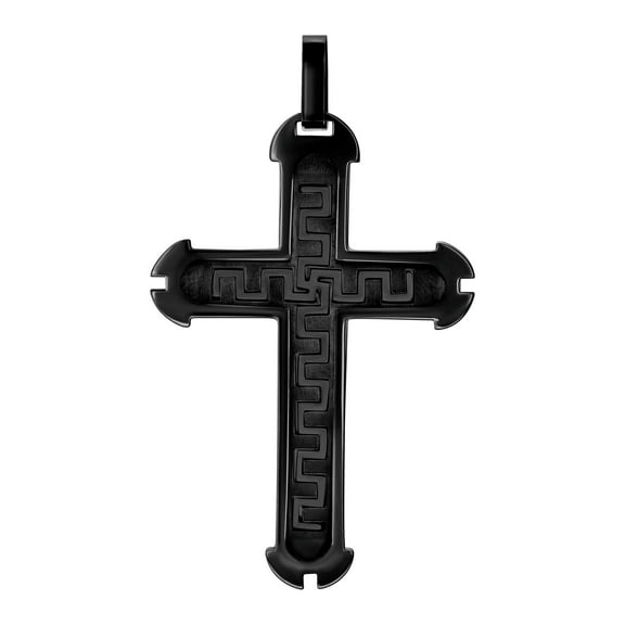 Stainless Steel Black-tone Mens Greek Key Cross Religious Charm Pendant