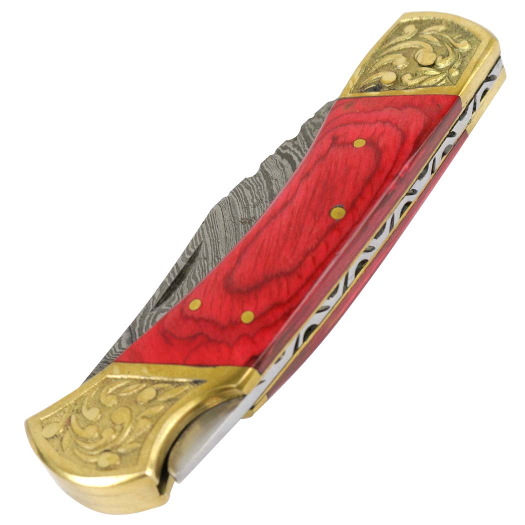 TheBoneEdge 9' Hand Made Damascus Blade Folding Knife Pakkawood Handle Red New